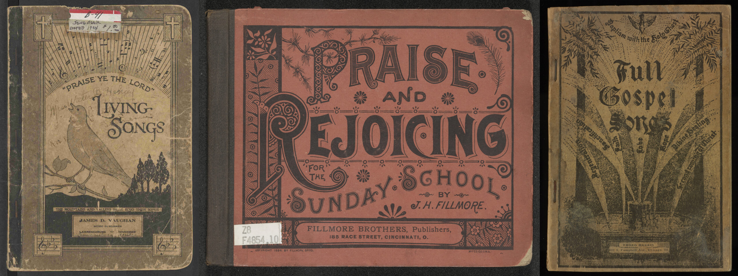 Front covers of Living Songs, Praise and Rejoicing, and Full Gospel Songs